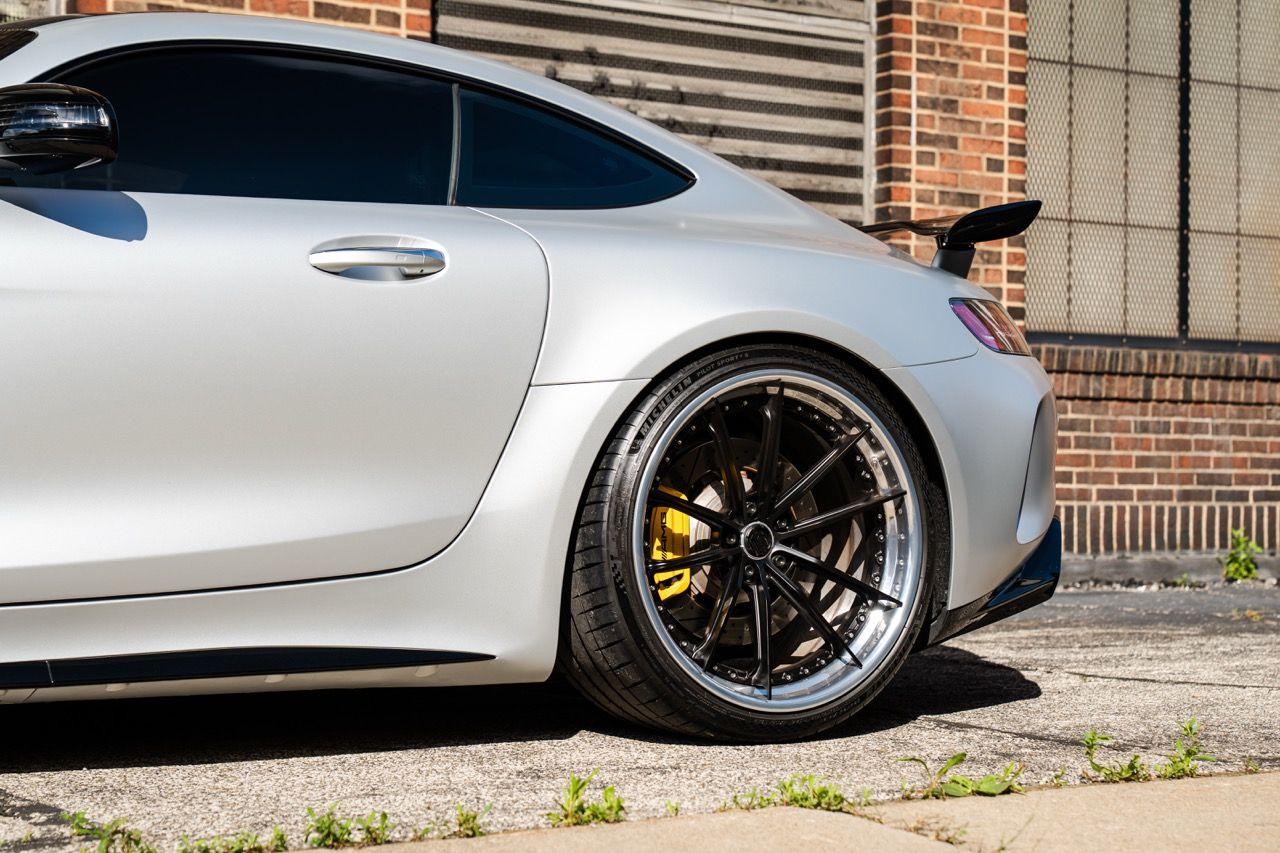 Mercedes-Benz AMG GTR with Motivo Forged CS-N custom wheels in frozen black face and gloss polished clear lip side view — view 19