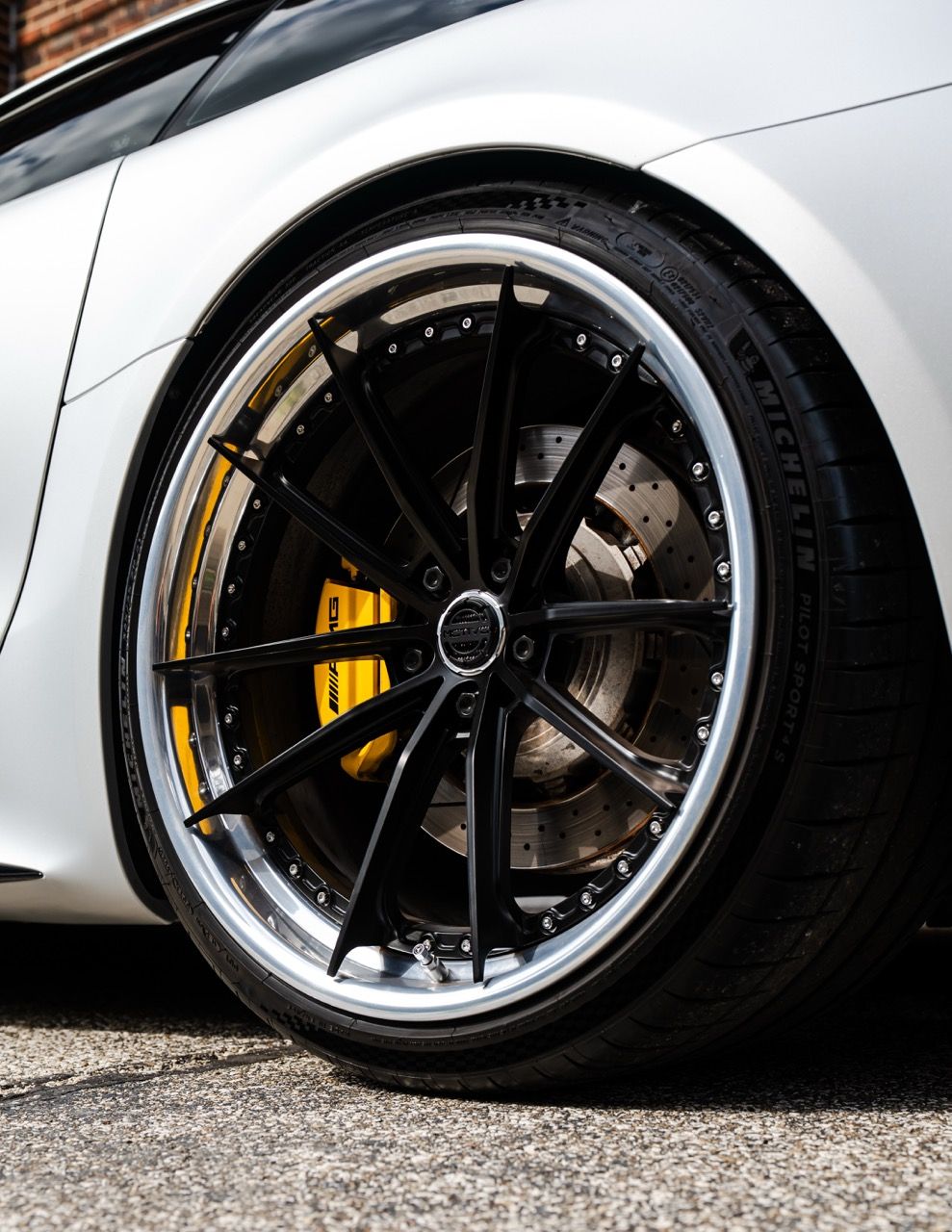 Mercedes-Benz AMG GTR with Motivo Forged CS-N custom wheels in frozen black face and gloss polished clear lip side view — view 7
