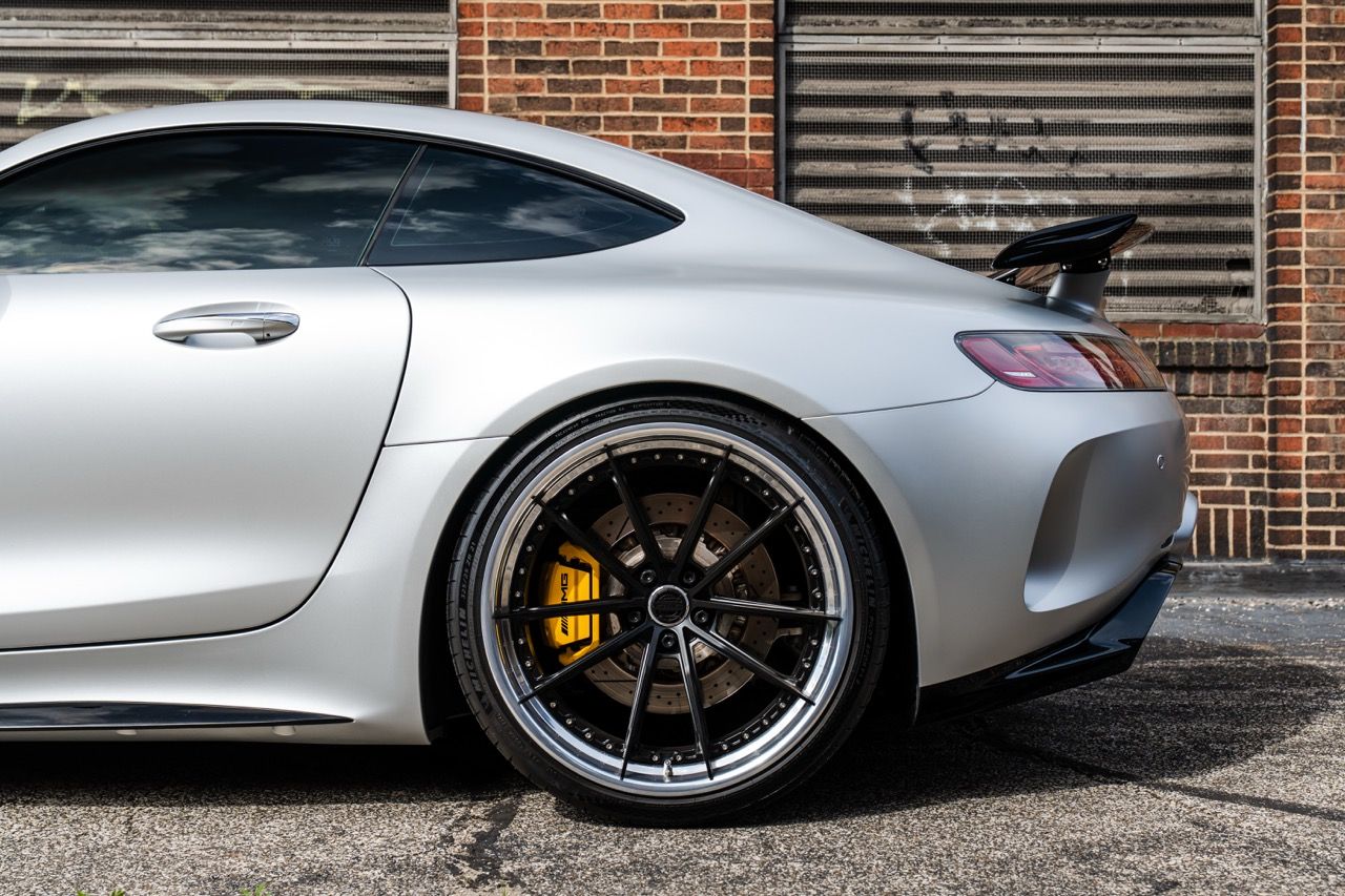 Mercedes-Benz AMG GTR with Motivo Forged CS-N custom wheels in frozen black face and gloss polished clear lip rear wheel view