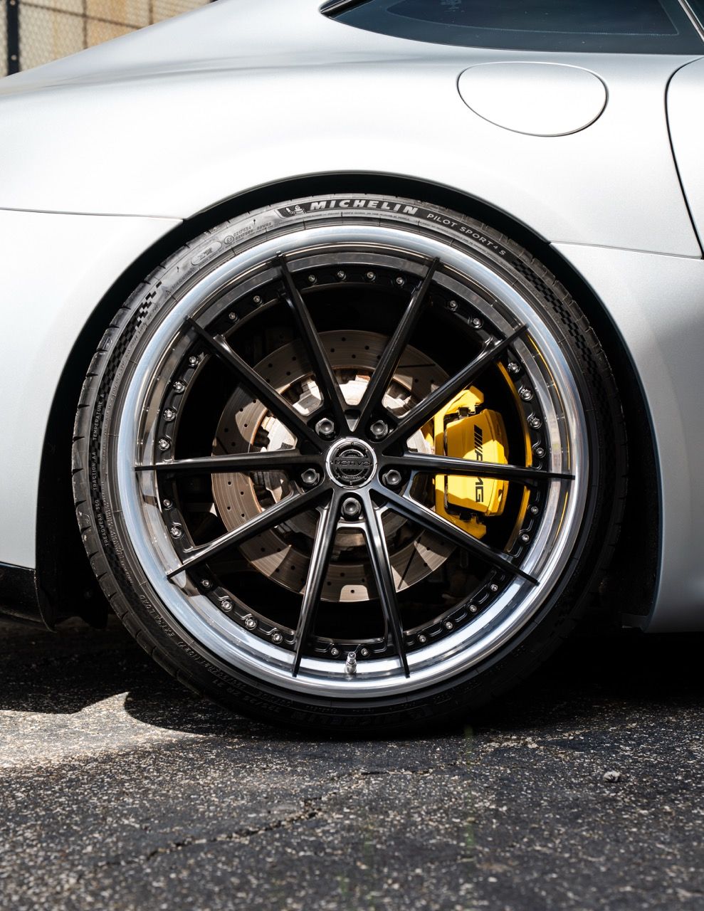 Mercedes-Benz AMG GTR with Motivo Forged CS-N custom wheels in frozen black face and gloss polished clear lip rear wheel view