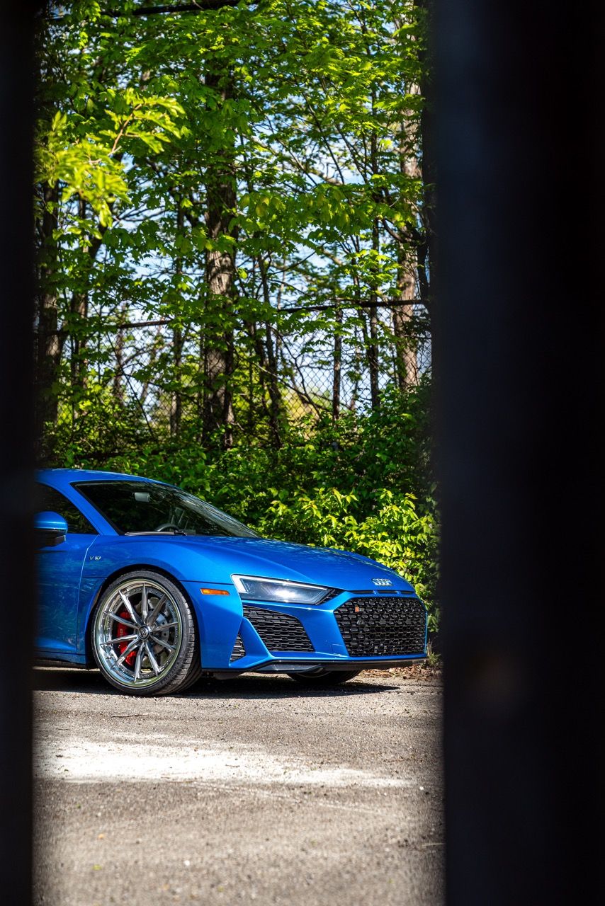 Gen 3 Audi R8 with Motivo Forged CS-M custom wheels in frozen brushed gunmetal face and gloss polished clear lip front half view