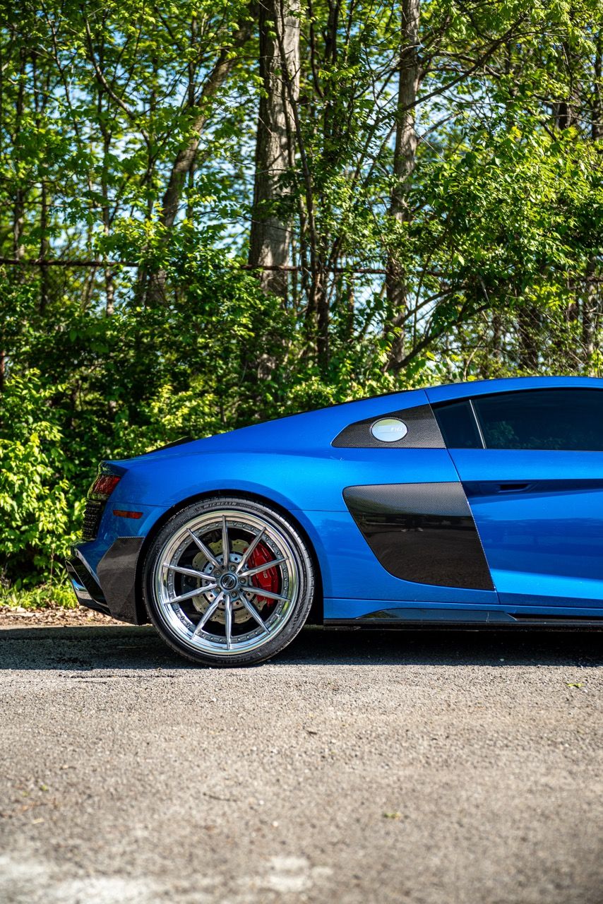 Gen 3 Audi R8 with Motivo Forged CS-M custom wheels in frozen brushed gunmetal face and gloss polished clear lip rear half view
