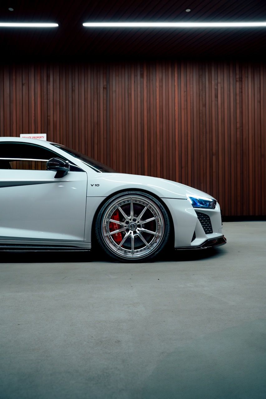 Gen 3 Audi R8 with Motivo Forged CS-M custom wheels in gloss brushed clear face and gloss polished clear lip side view — view 4