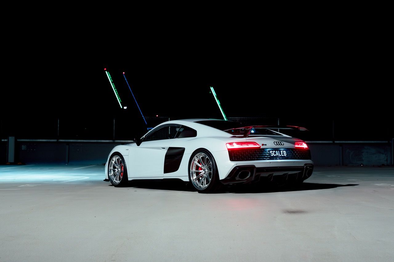 Gen 3 Audi R8 with Motivo Forged CS-M custom wheels in gloss brushed clear face and gloss polished clear lip side view — view 13