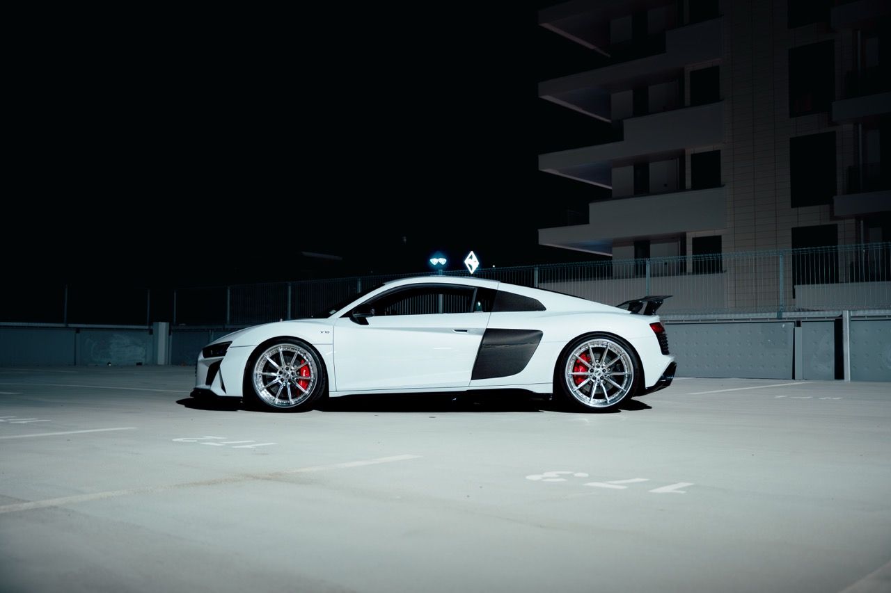 Gen 3 Audi R8 with Motivo Forged CS-M custom wheels in gloss brushed clear face and gloss polished clear lip side view — view 11