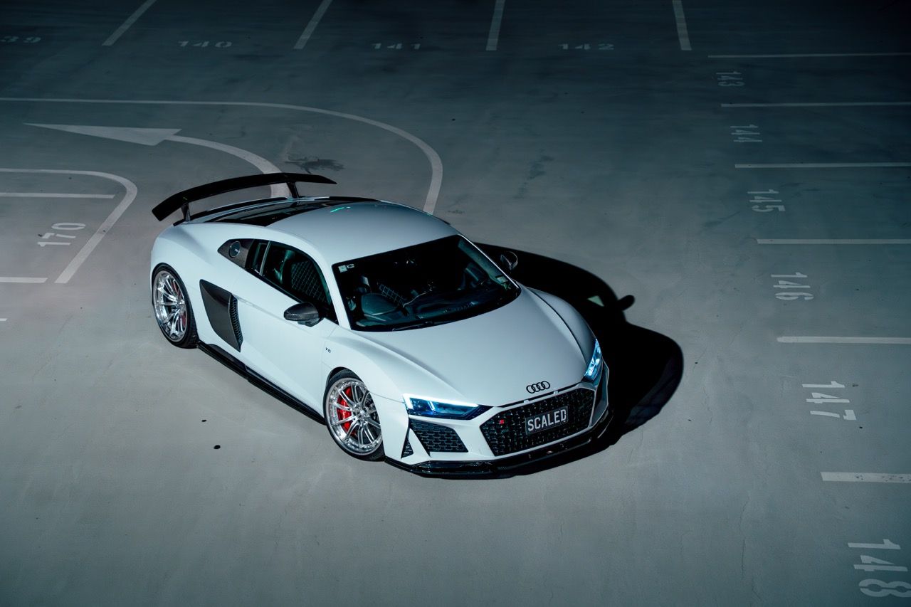 Gen 3 Audi R8 with Motivo Forged CS-M custom wheels in gloss brushed clear face and gloss polished clear lip side view — view 22