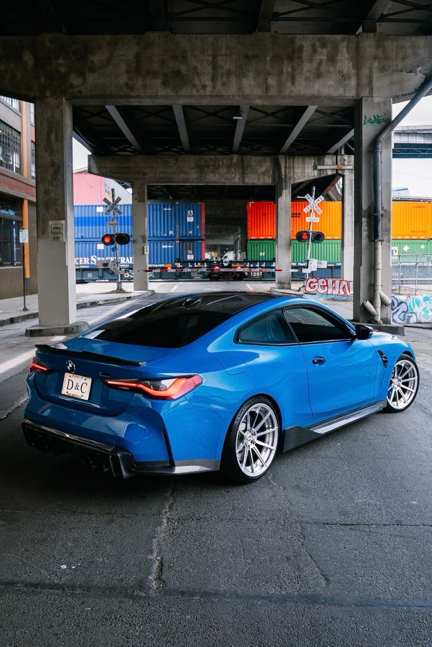 BMW M4 with Motivo Forged CS-U custom wheels in gloss polished clear face and brushed clear barrel side view — view 8