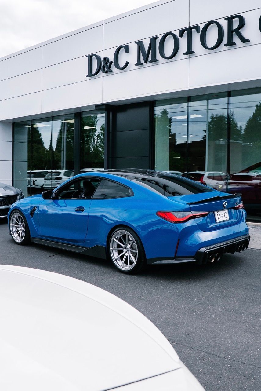 BMW M4 with Motivo Forged CS-U custom wheels in gloss polished clear face and brushed clear barrel side view — view 3