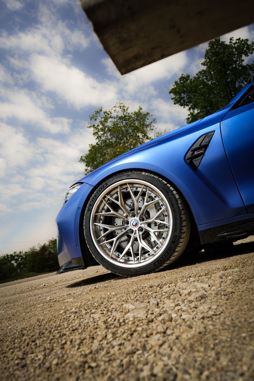 BMW M3 G80 with Motivo Forged CS-J custom wheels in gloss brushed clear face and gloss polished clear front side view — view 6
