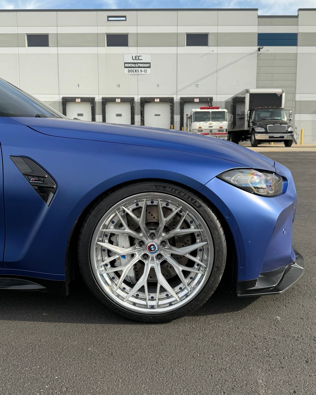 BMW M3 G80 with Motivo Forged CS-J custom wheels in gloss brushed clear face and gloss polished clear front side view — view 3
