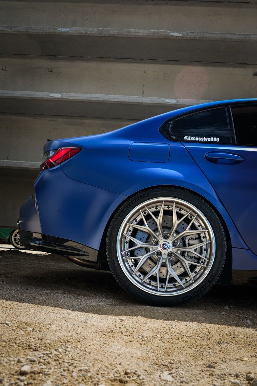 BMW M3 G80 with Motivo Forged CS-J custom wheels in gloss brushed clear face and gloss polished clear front side view — view 8