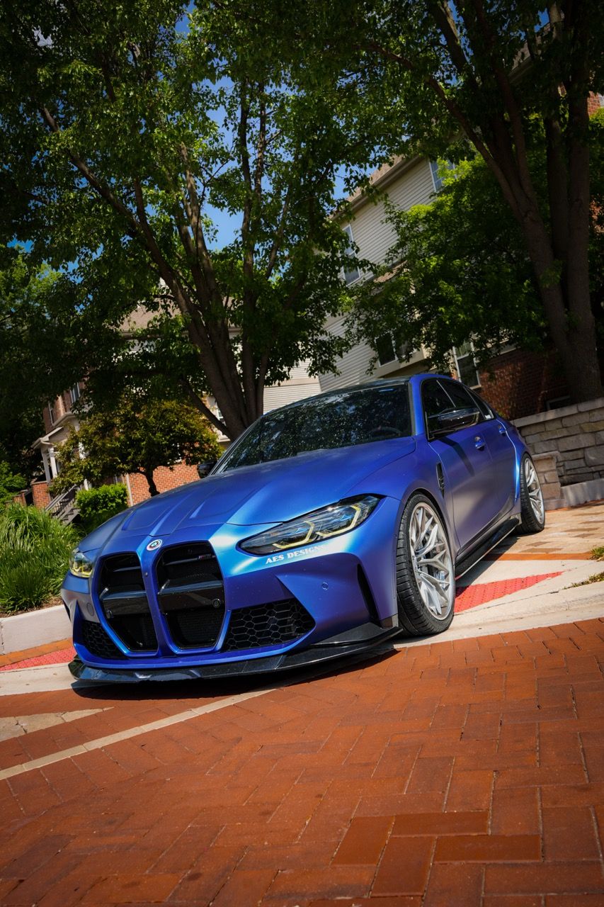 BMW M3 G80 with Motivo Forged CS-J custom wheels in gloss brushed clear face and gloss polished clear front side view — view 4
