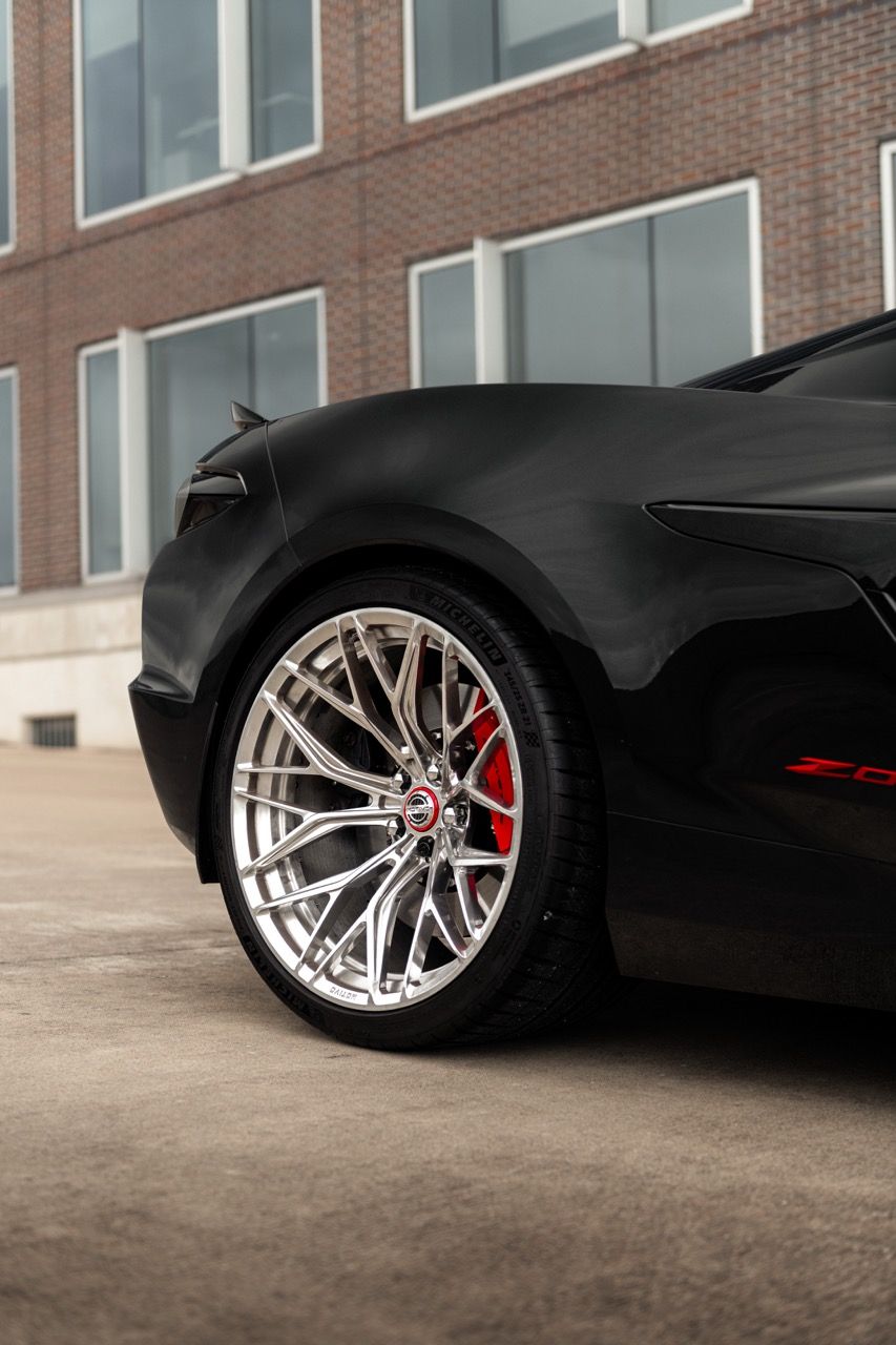 Chevy Corvette Z06 C8 z06cscwith Motivo Forged CS-C custom wheels in gloss polished clear face and brushed clear barrel side view — view 13